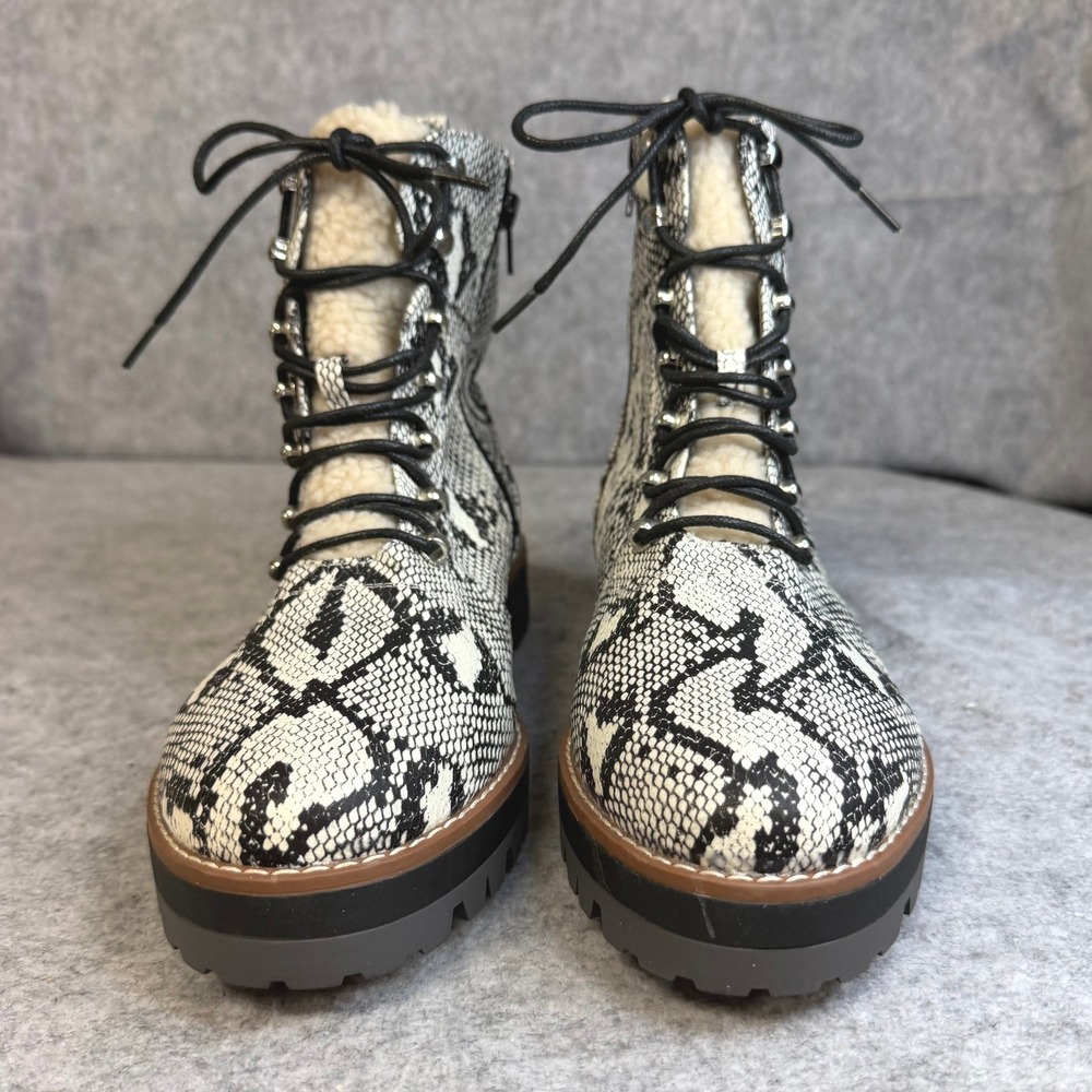 Crown & Ivy Naomi Snake Print Faux Fur Trim Combat Boots Lug Sole 10M